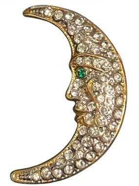 Vintage Gold and Silver Moon Rhinestone Brooch *read
